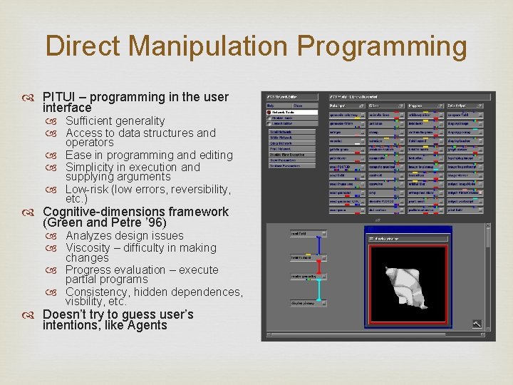Direct Manipulation Programming PITUI – programming in the user interface Sufficient generality Access to