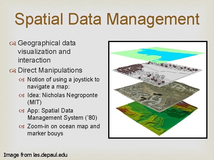 Spatial Data Management Geographical data visualization and interaction Direct Manipulations Notion of using a