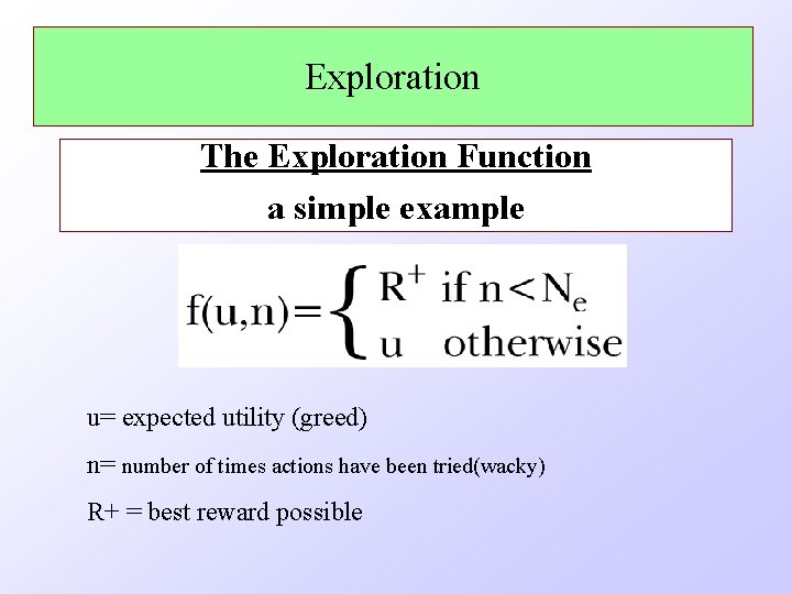 Exploration The Exploration Function a simple example u= expected utility (greed) n= number of