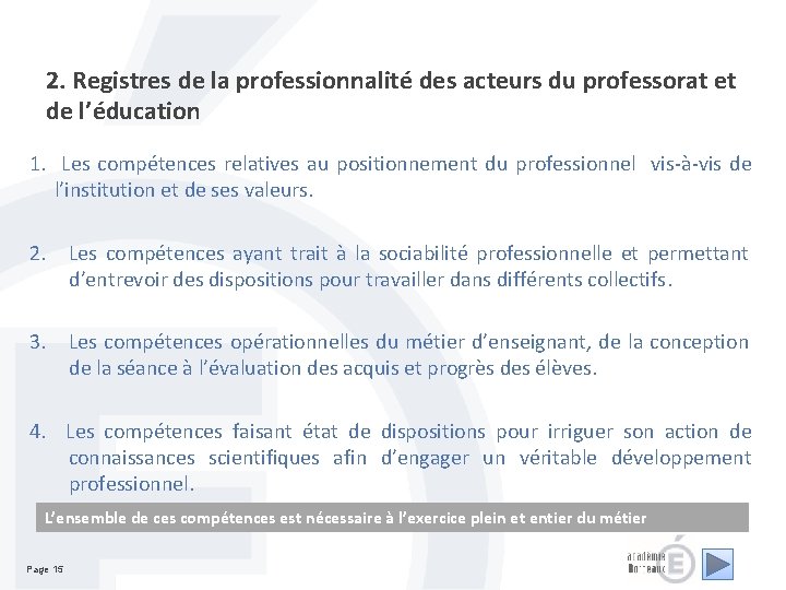 2. Registres de la professionnalité des acteurs du professorat et de l’éducation 1. Les 2. Registres de la professionnalité des acteurs du professorat et de l’éducation 1. Les
