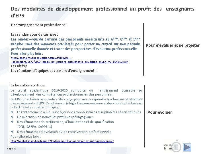 Des modalités de développement professionnel au profit des enseignants d’EPS L’accompagnement professionnel Les rendez-vous Des modalités de développement professionnel au profit des enseignants d’EPS L’accompagnement professionnel Les rendez-vous
