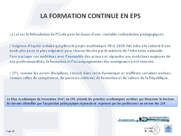 LA FORMATION CONTINUE EN EPS La Loi sur la Refondation de l’École pose les LA FORMATION CONTINUE EN EPS La Loi sur la Refondation de l’École pose les