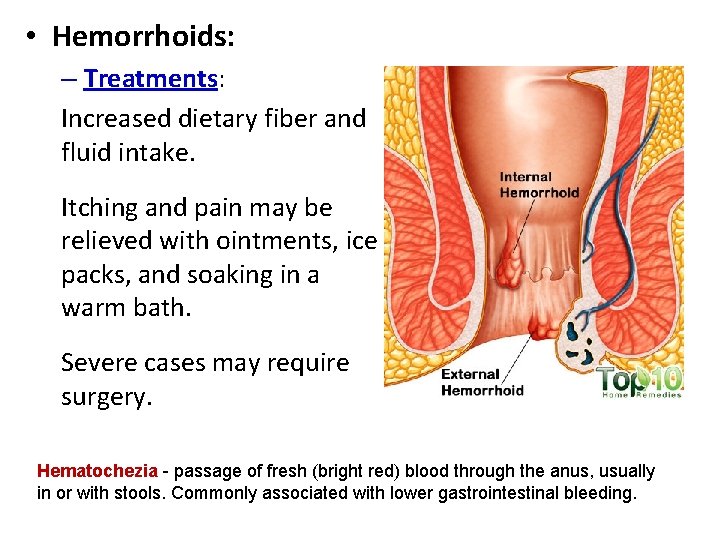  • Hemorrhoids: – Treatments: Increased dietary fiber and fluid intake. Itching and pain