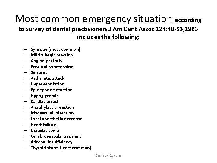 Most common emergency situation according to survey of dental practisioners, J Am Dent Assoc