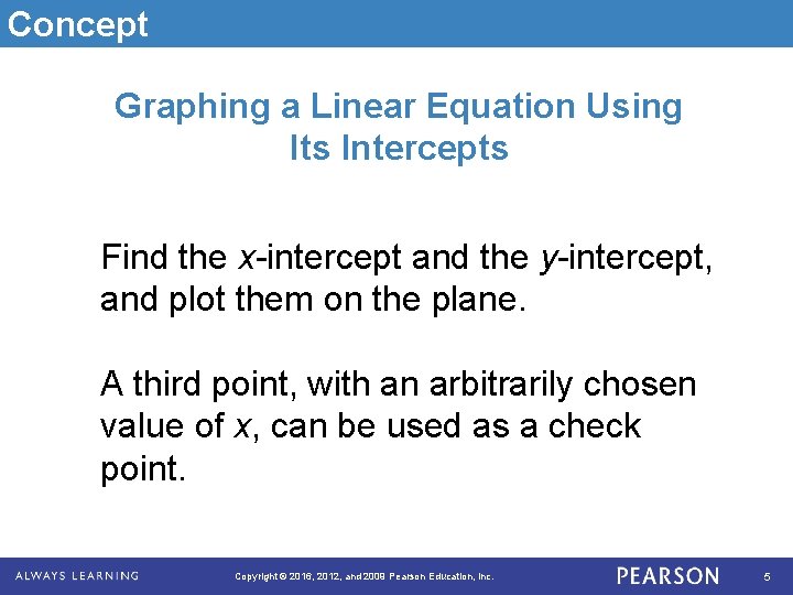 Concept Graphing a Linear Equation Using Its Intercepts Find the x-intercept and the y-intercept,