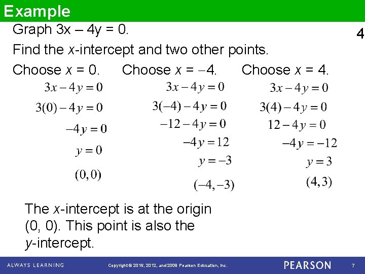 Example Graph 3 x – 4 y = 0. Find the x-intercept and two