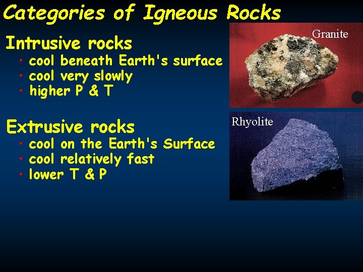 Categories of Igneous Rocks Granite Intrusive rocks • cool beneath Earth's surface • cool