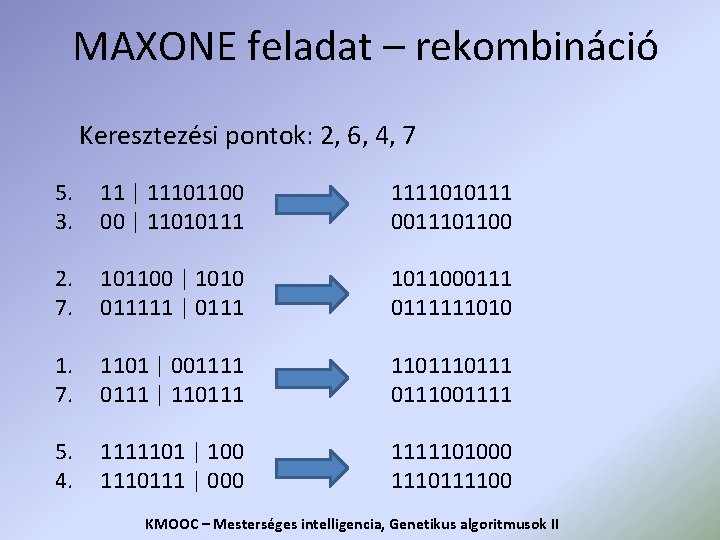 MAXONE feladat – rekombináció Keresztezési pontok: 2, 6, 4, 7 5. 3. 11 |