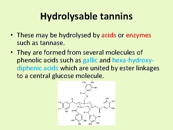 Hydrolysable tannins • These may be hydrolysed by acids or enzymes such as tannase.