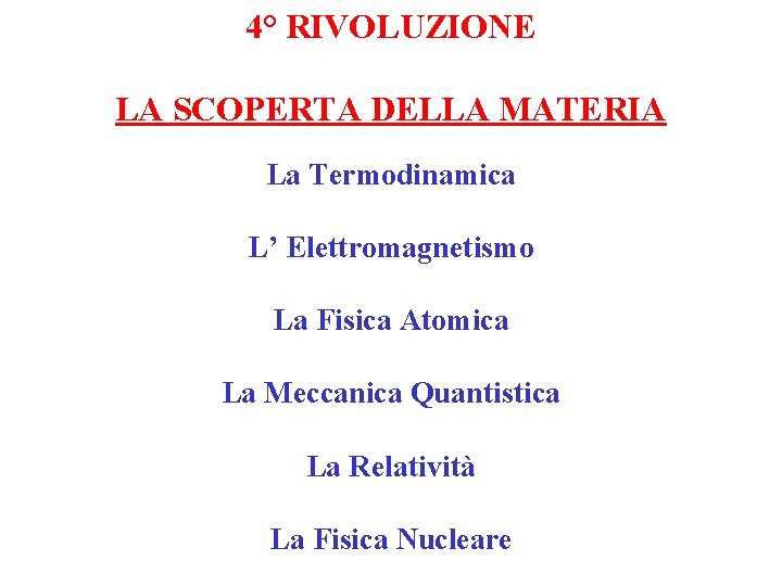 4° RIVOLUZIONE LA SCOPERTA DELLA MATERIA La Termodinamica L’ Elettromagnetismo La Fisica Atomica La