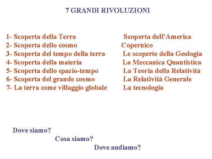 7 GRANDI RIVOLUZIONI 1 - Scoperta della Terra 2 - Scoperta dello cosmo 3