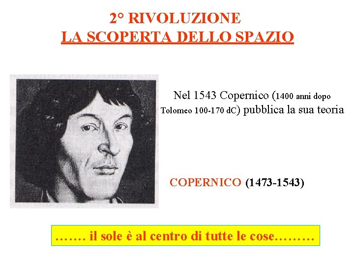 2° RIVOLUZIONE LA SCOPERTA DELLO SPAZIO Nel 1543 Copernico (1400 anni dopo Tolomeo 100