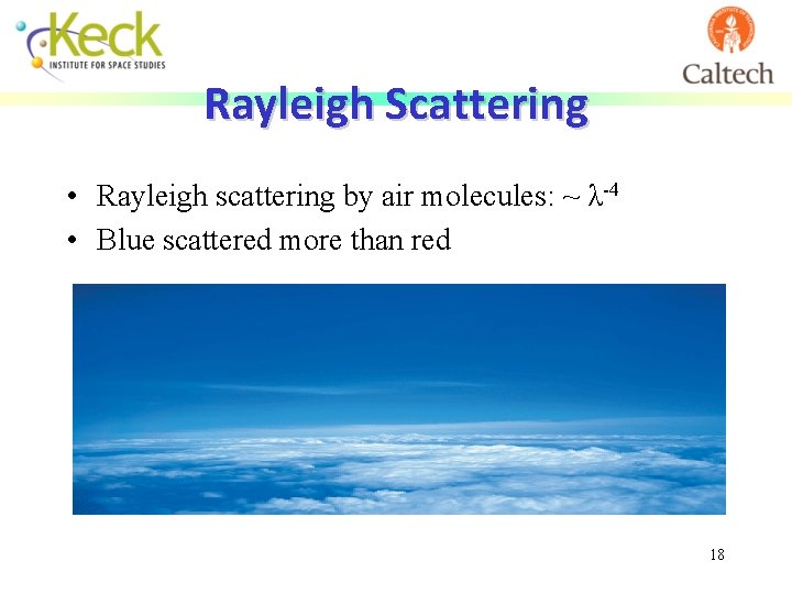 Rayleigh Scattering • Rayleigh scattering by air molecules: ~ λ-4 • Blue scattered more