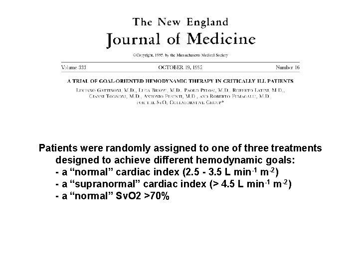 Patients were randomly assigned to one of three treatments designed to achieve different hemodynamic