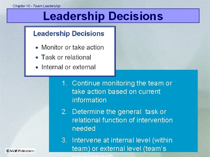 Chapter 10 - Team Leadership Decisions 1. Continue monitoring the team or take action