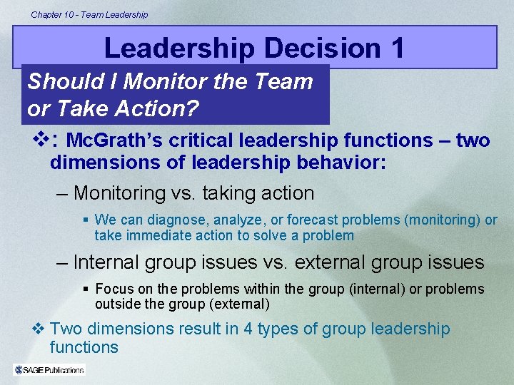 Chapter 10 - Team Leadership Decision 1 Should I Monitor the Team or Take