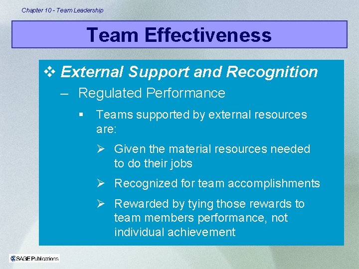 Chapter 10 - Team Leadership Team Effectiveness v External Support and Recognition – Regulated