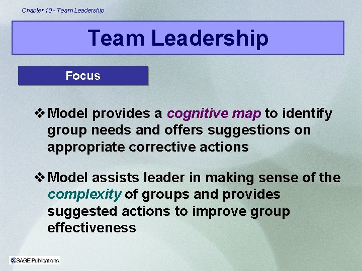Chapter 10 - Team Leadership Focus v Model provides a cognitive map to identify