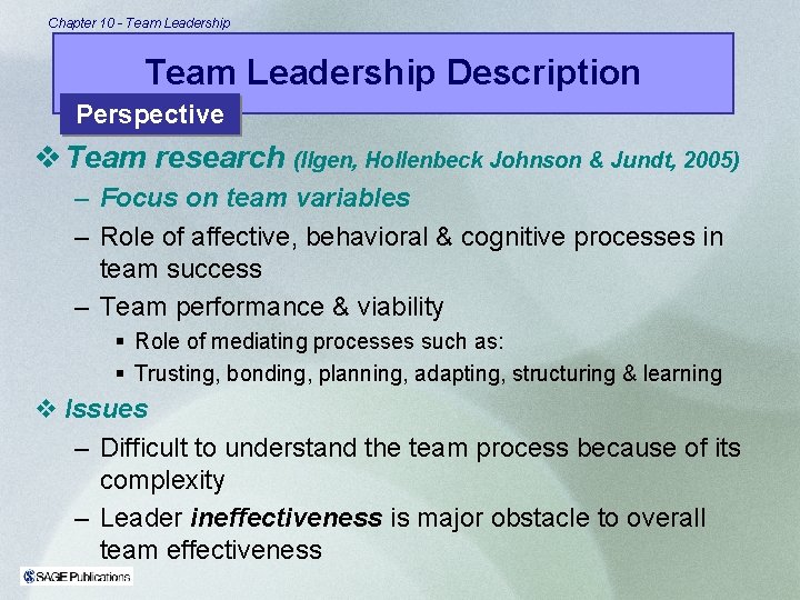 Chapter 10 - Team Leadership Description Perspective v Team research (Ilgen, Hollenbeck Johnson &