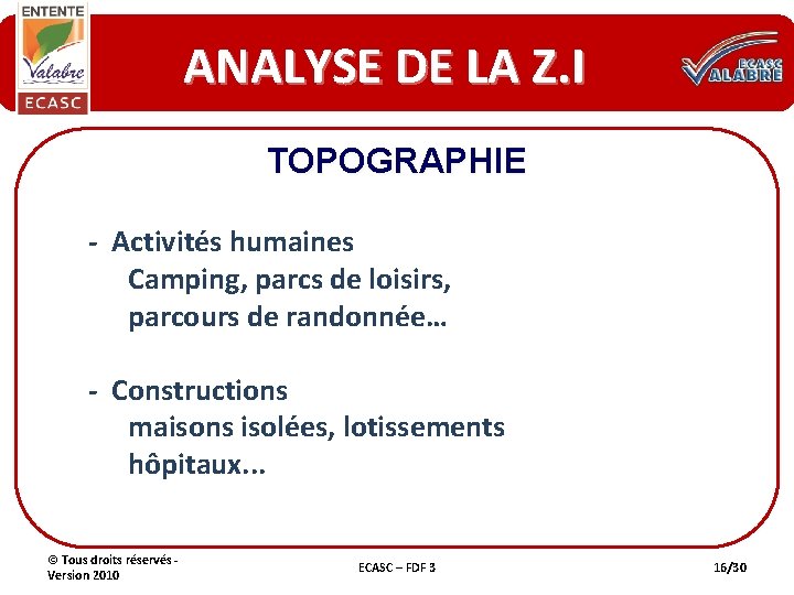 ANALYSE DE LA Z. I TOPOGRAPHIE - Activités humaines Camping, parcs de loisirs, parcours