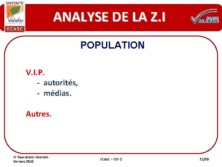 ANALYSE DE LA Z. I POPULATION V. I. P. - autorités, - médias. Autres.