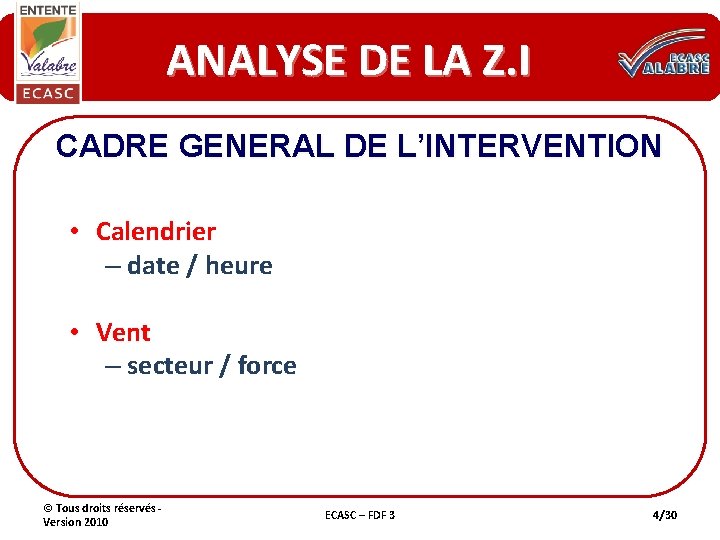 ANALYSE DE LA Z. I CADRE GENERAL DE L’INTERVENTION • Calendrier – date /