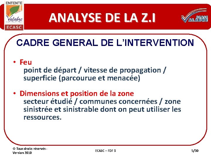 ANALYSE DE LA Z. I CADRE GENERAL DE L’INTERVENTION • Feu point de départ