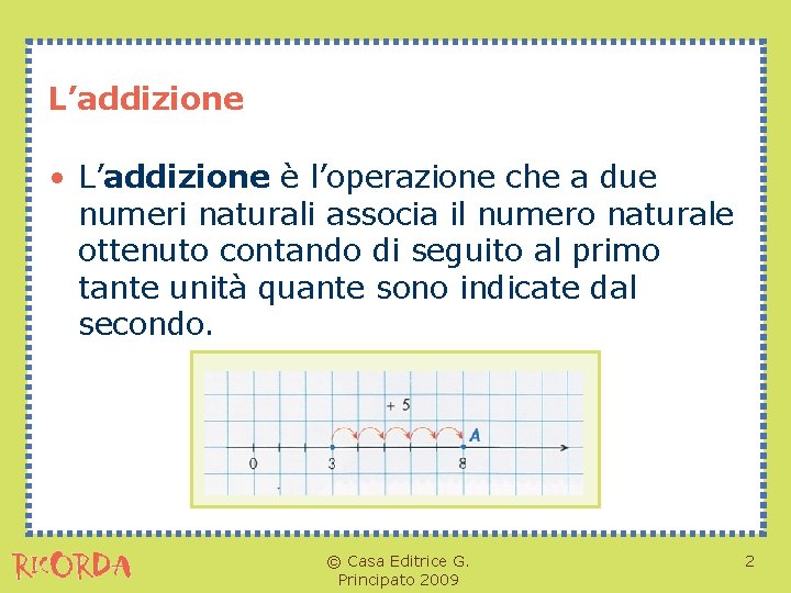 L’addizione • L’addizione è l’operazione che a due numeri naturali associa il numero naturale