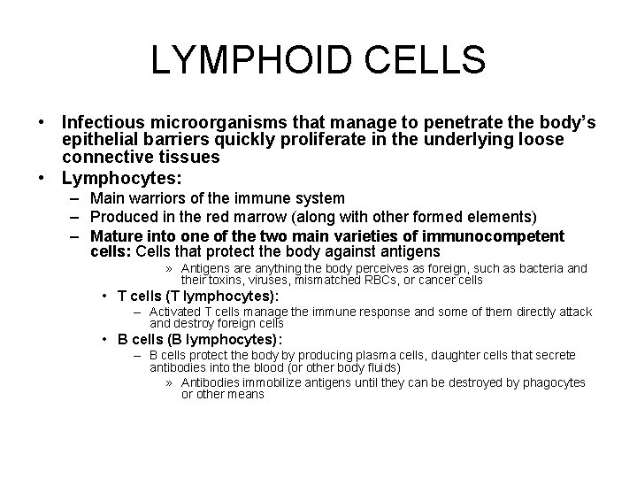 LYMPHOID CELLS • Infectious microorganisms that manage to penetrate the body’s epithelial barriers quickly