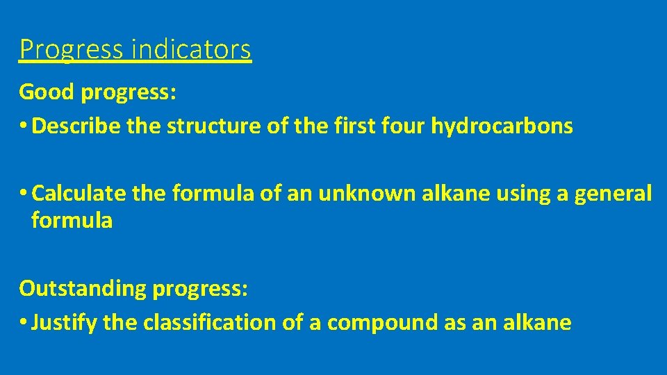 Progress indicators Good progress: • Describe the structure of the first four hydrocarbons •