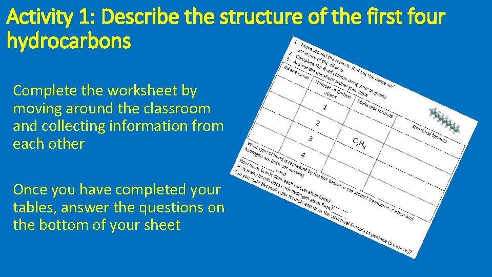 Activity 1: Describe the structure of the first four hydrocarbons Complete the worksheet by