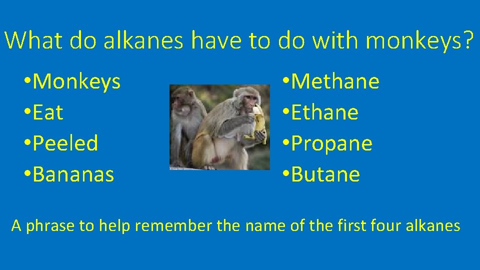 What do alkanes have to do with monkeys? • Monkeys • Eat • Peeled