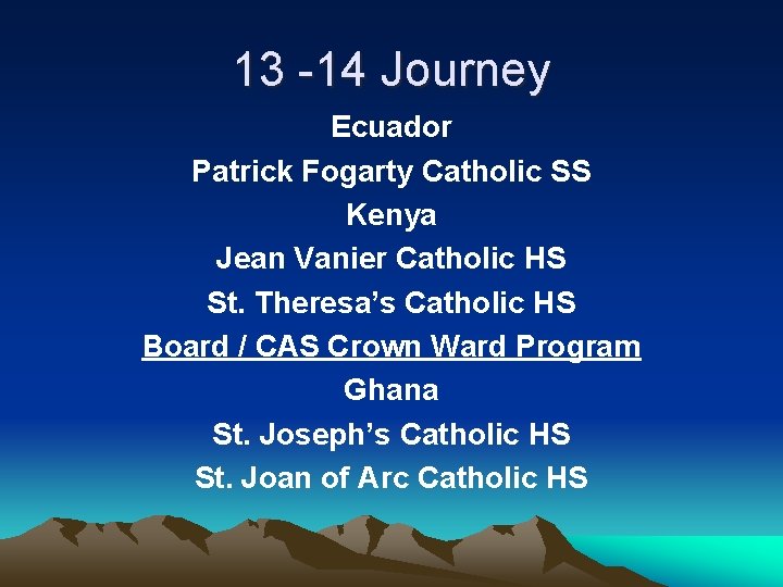 13 -14 Journey Ecuador Patrick Fogarty Catholic SS Kenya Jean Vanier Catholic HS St.