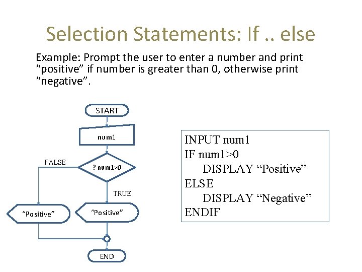 Selection Statements: If. . else Example: Prompt the user to enter a number and