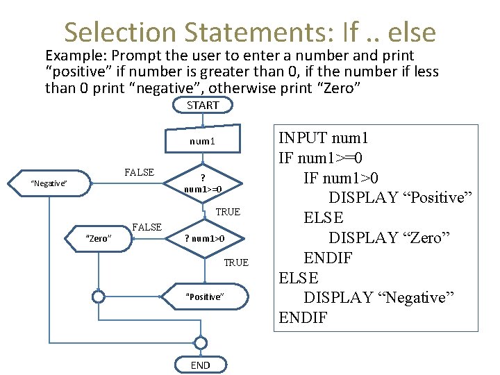 Selection Statements: If. . else Example: Prompt the user to enter a number and