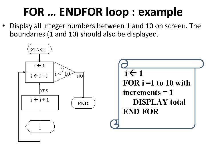 FOR … ENDFOR loop : example • Display all integer numbers between 1 and
