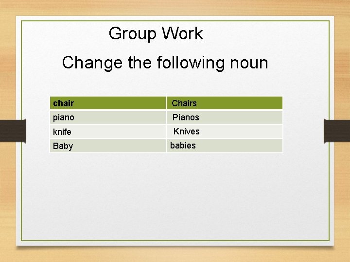 Group Work Change the following noun chair Chairs piano Pianos knife Knives Baby babies