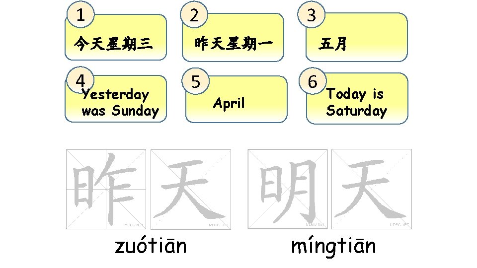 1 2 今天星期三 昨天星期一 4 5 Yesterday was Sunday zuótiān 3 April 五月 6