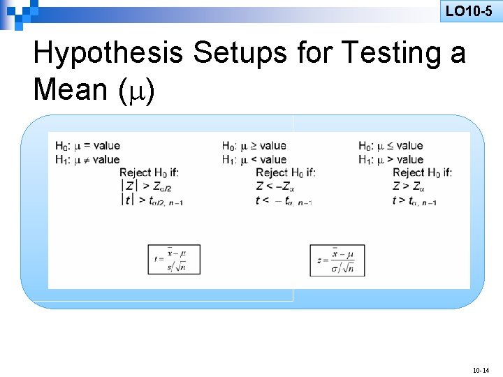 LO 10 -5 LO 10 -3 Hypothesis Setups for Testing a Mean ( )