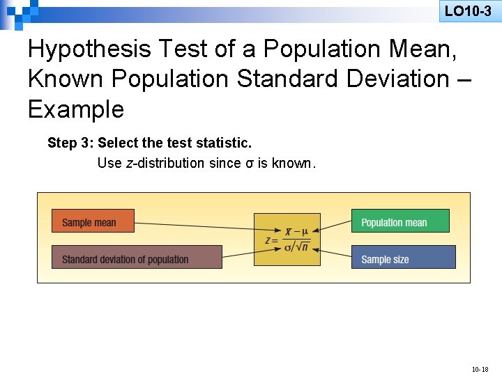 LO 10 -3 Hypothesis Test of a Population Mean, Known Population Standard Deviation –