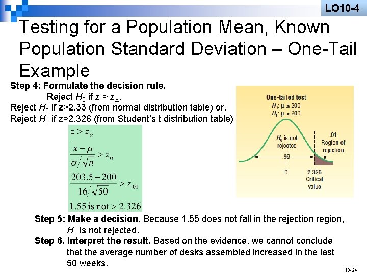 LO 10 -4 Testing for a Population Mean, Known Population Standard Deviation – One-Tail