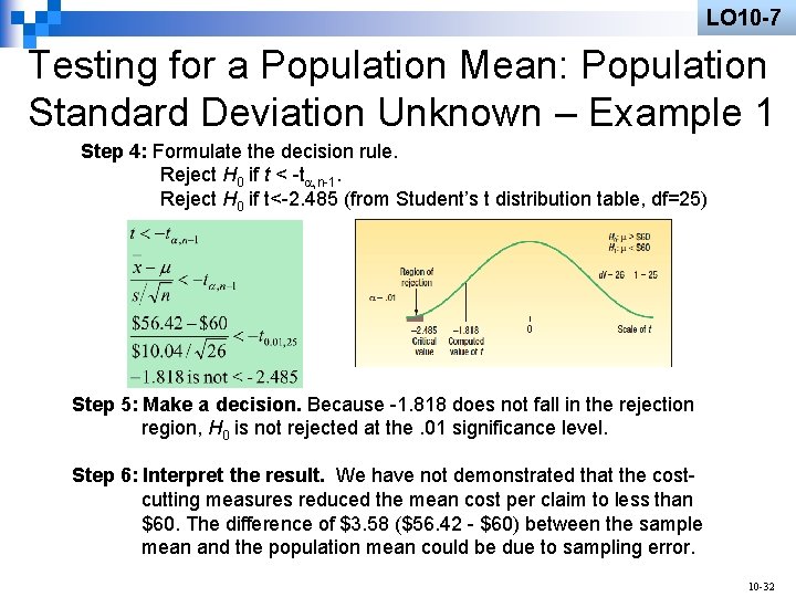 LO 10 -7 Testing for a Population Mean: Population Standard Deviation Unknown – Example