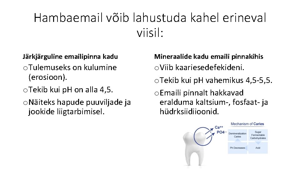 Hambaemail võib lahustuda kahel erineval viisil: Järkjärguline emailipinna kadu Mineraalide kadu emaili pinnakihis o