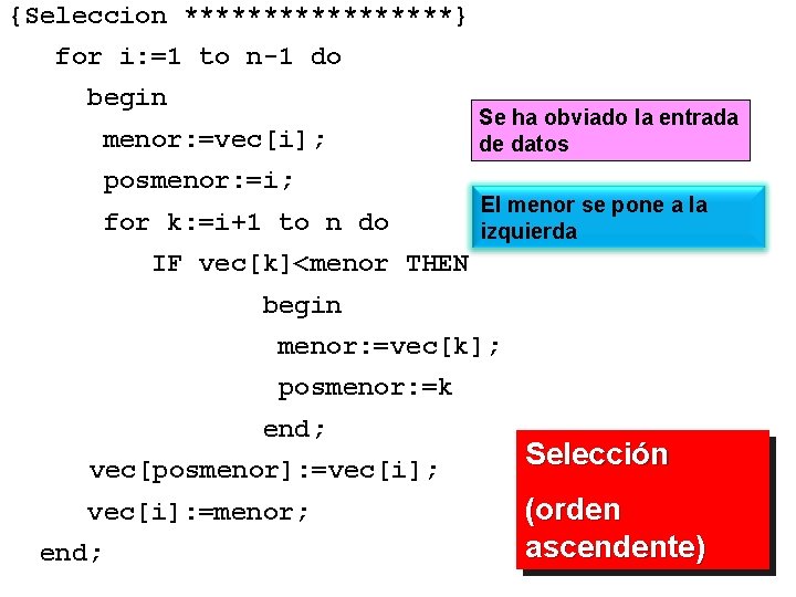 {Seleccion *********} for i: =1 to n-1 do begin menor: =vec[i]; posmenor: =i; for