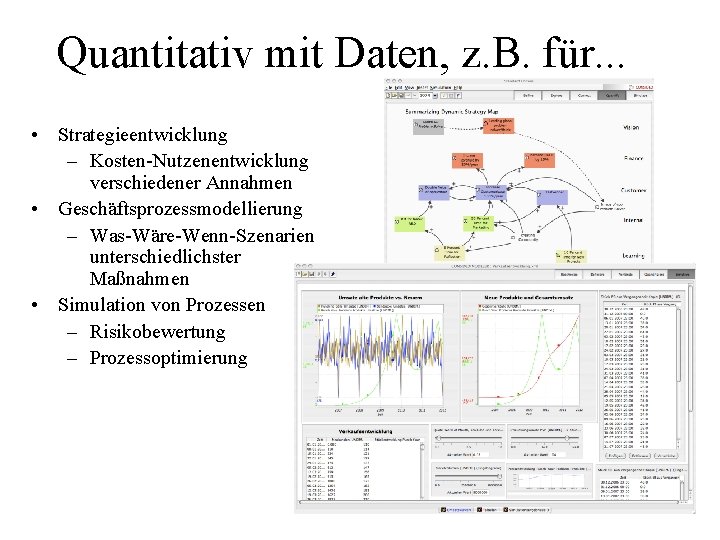 Quantitativ mit Daten, z. B. für. . . • Strategieentwicklung – Kosten-Nutzenentwicklung verschiedener Annahmen Quantitativ mit Daten, z. B. für. . . • Strategieentwicklung – Kosten-Nutzenentwicklung verschiedener Annahmen