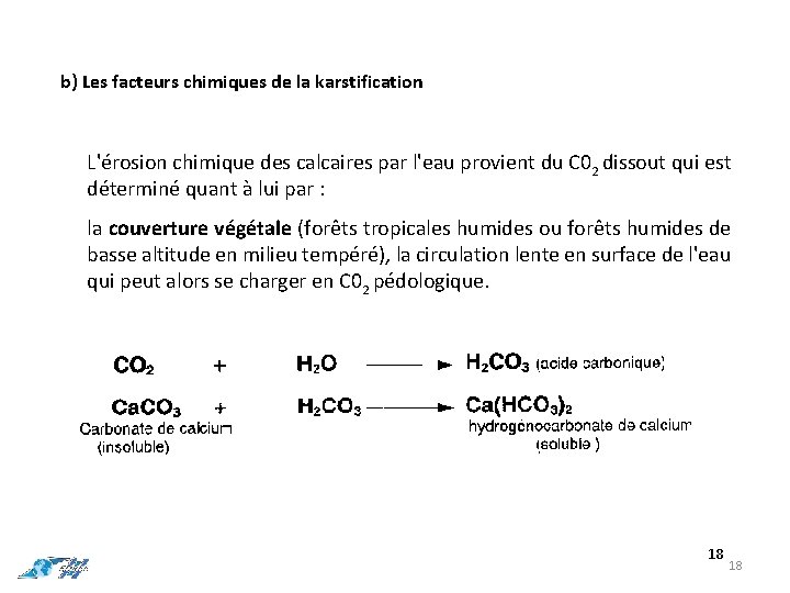b) Les facteurs chimiques de la karstification L'érosion chimique des calcaires par l'eau provient