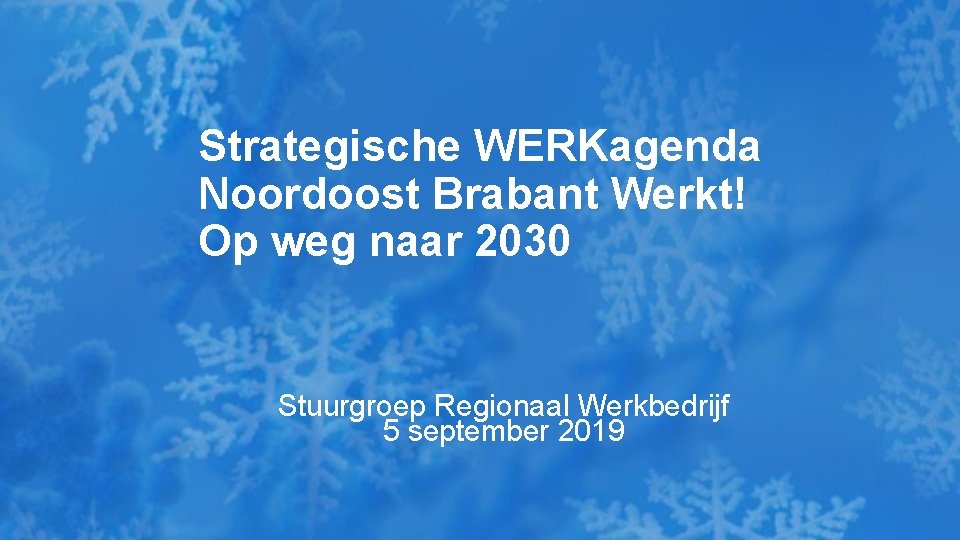 Strategische WERKagenda Noordoost Brabant Werkt! Op weg naar 2030 Stuurgroep Regionaal Werkbedrijf 5 september