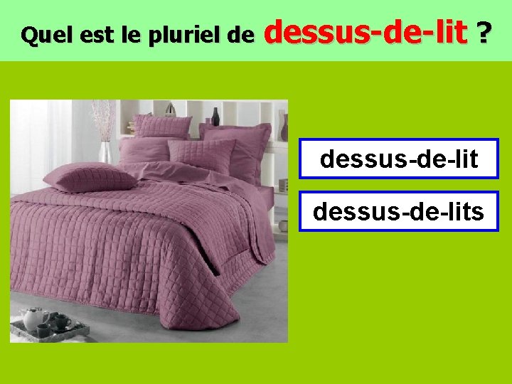 Quel est le pluriel de dessus-de-lit ? dessus-de-lits 