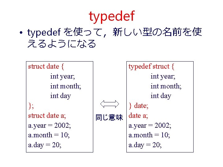 typedef • typedef を使って，新しい型の名前を使 えるようになる struct date { int year; int month; int day