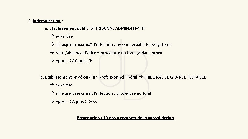  2. Indemnisation : a. Etablissement public TRIBUNAL ADMINSITRATIF expertise si l’expert reconnaît l’infection